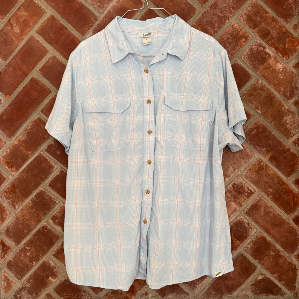 Duluth Trading Co Button Down Shirt Womens 1X Blue Plaid Short Sleeve Outdoor